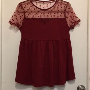Burgundy Whimsigothic, Dark Coquette Sheer top with Ruffled Bottom Blouse